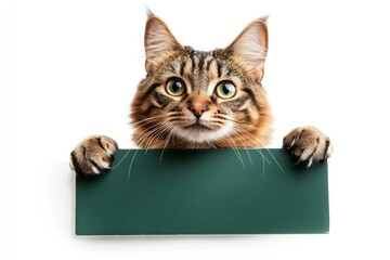 Isolated cat on a solid outfit pure white background. Cat-themed mockup. Cat promo board. Pet on ad board. Ð¡ute adult cat bombay hold in front paws a wireframe - large green avenue sign.