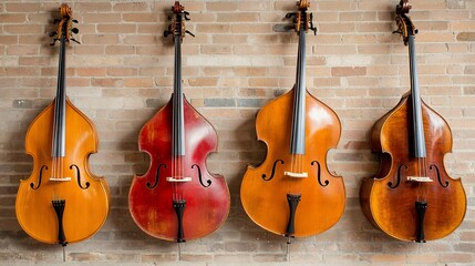 Naklejka premium Four Double Basses Hanging on a Brick Wall