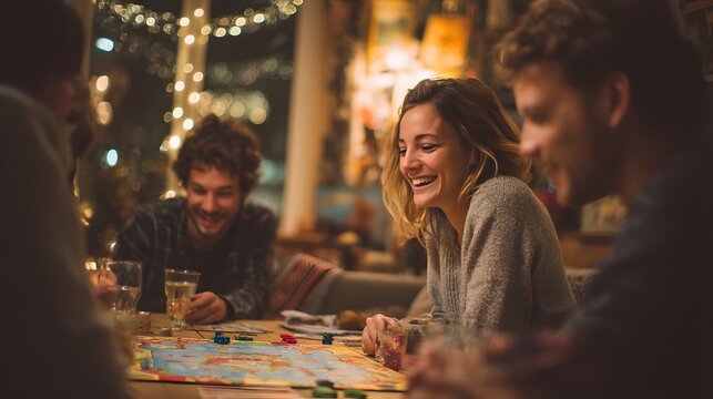 Friends laughing playing board game together indoor at night having fun leisure activity entertainment group