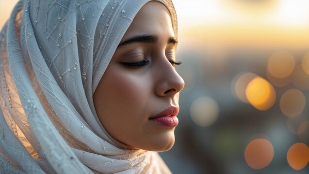 Golden Hour Contemplation: A Young Woman in an Embellished Hijab Finds Inner Peace