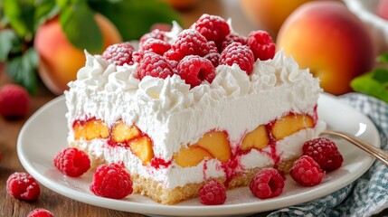 Homemade Peach Melba Cake Slice with Whipped Cream and Fresh Raspberries on White Plate