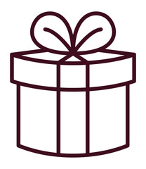 A simple line drawing icon of a gift box with a ribbon.
