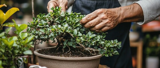 Bonsai tree cared for by an elderly person: A serene moment of cultivation
