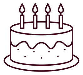 A line art illustration of a birthday cake with four lit candles