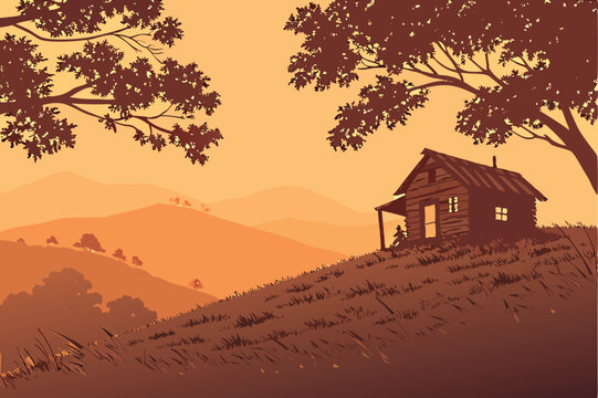 145 Here is a prompt that may produce similar images using a text-to-image AI like Stable Diffusion dramatic sunset over mountainous landscape, old abandoned hut on grassy hilltop, serene pastoral sce