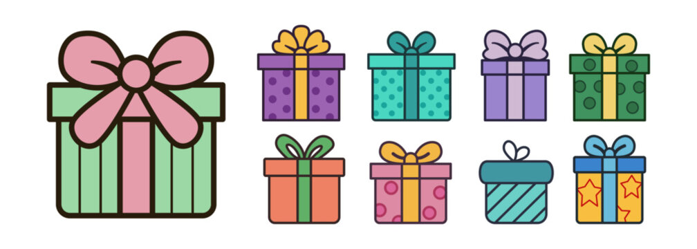 Collection of cute, colorful gift boxes with various patterns and bows. flat design style