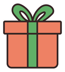 A simple illustration of a gift box tied with a green ribbon, flat design style