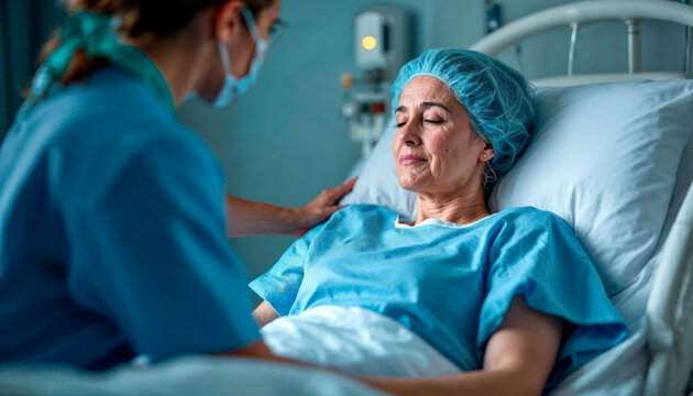Woman recovering post-surgery in hospital bed with nurse support