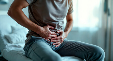 Man holding abdomen in visible pain, sitting on edge of bed