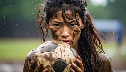Rain soaked Japanese female soccer player stares with grit clutching a muddy ball