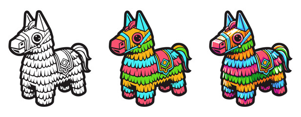 Three variations of a cute horse pinata for color book