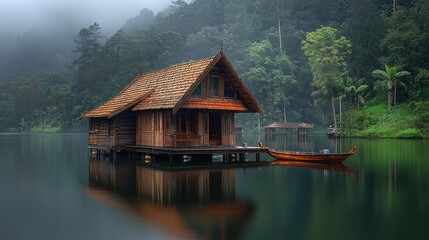 Naklejka premium Wooden houseboat on lake, misty mountains, tranquil scene. Possible use stock photo for travel, nature, tranquility, tourism