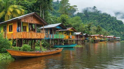 Fototapeta premium Colorful stilt houses on riverbank in rainforest. Possible stock photo use