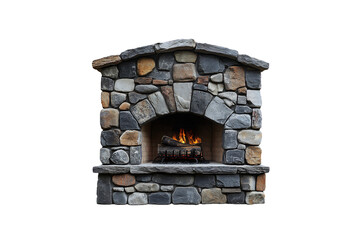 Fototapeta premium Large arched opening in stone facade, roaring fire blazing atop thick firewood inside cozy chamber, isolated on a transparent background