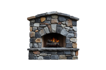 Large arched opening in stone facade, roaring fire blazing atop thick firewood inside cozy chamber, isolated on a transparent background