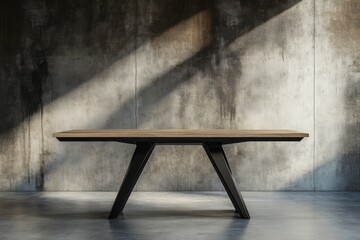 Contemporary rectangular dining table against a textured wall.