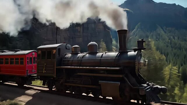 Vintage black steam locomotive chugging through a forest railway track with billowing smoke