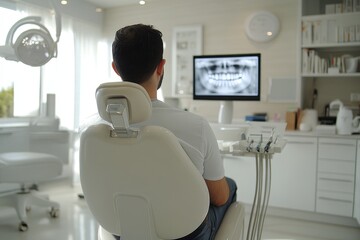 Rear view of man patient of dental clinic looking at mirror, happy with his beautiful smile