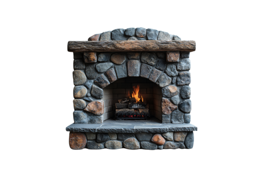 Rounded stone arch design with a wooden beam mantel, fire glowing warmly in interior space, isolated on a transparent background