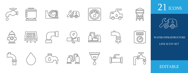 Editable line icons of water infrastructure including pipes, valves, tanks, pumps, taps, and filtration systems. Perfect for utility, plumbing, and industrial design projects