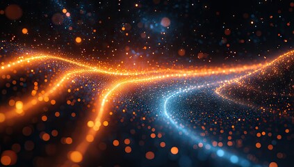 Obraz premium Abstract digital design with swirling orange and blue light trails.