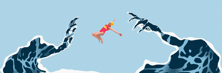 Woman in pink and yellow swimsuit jumping into water between two approaching waves shaped like...