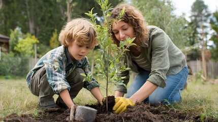 Planting trees family together mother and child gardening environmental care and sustainability project