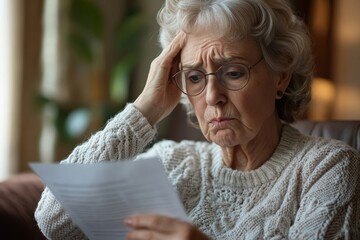 Upset elderly woman reading document and getting stressful bad news at home, senior lady shocked with letter, touching head, trying to cope with negative