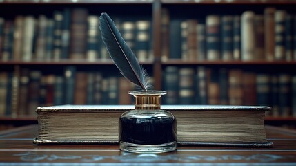 Antique quill and inkwell on aged book