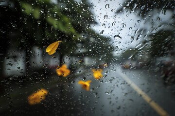 Raindrops on a Car Window with Yellow Flowers