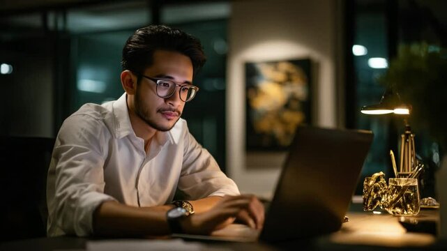 Focused Professional at Work: An Asian male, engrossed in his work, diligently uses a laptop at his desk, showcasing the essence of work ethic, productivity, and modern workplace dynamics.