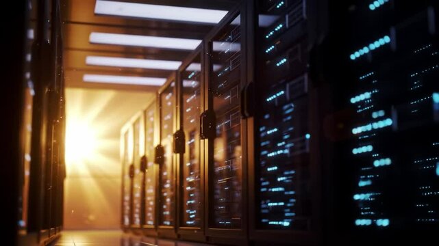 Visit a cutting-edge data center showcasing rows of illuminated servers, highlighting innovation in technology. Experience the pulse of digital infrastructure during the vibrant evening hours.