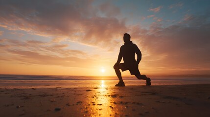Man stretching beach sunset fitness workout exercise health wellness sunrise ocean silhouette outdoors warm up