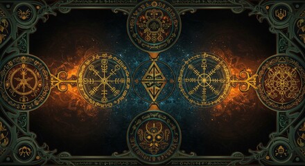 Naklejka premium Mystical Rune Symbols Ornate Gold Teal Design Fantasy Art Esoteric Occult Background