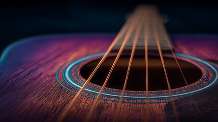 Fototapeta premium Close-up Acoustic Guitar: Vibrant Purple Hues and Detailed Strings