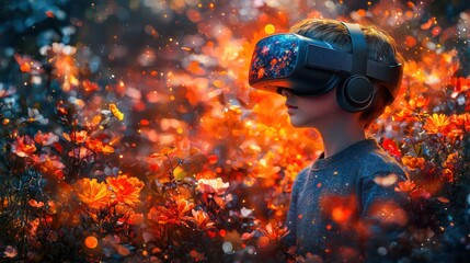 Naklejka premium Child VR experience in fantasy flower field; educational use