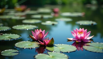 Water lilies forming a natural floral pattern across a lake, detail, landscape