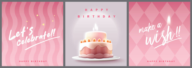 Happy Birthday celebration typography design with 3d birthday cake for greeting card, poster or banner. Vector illustration