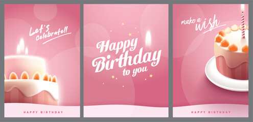 Happy Birthday celebration typography design with 3d birthday cake for greeting card, poster or banner. Vector illustration