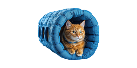 Orange Cat Relaxing In Blue Tunnel Bed. Cozy Pet Environment And Comfort Isolated On Transparent Background