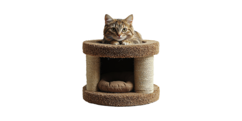 Cat Relaxing Multi-Level Scratching Post. Feline Comfort And Play Structure For Indoor Cats Isolated On Transparent Background