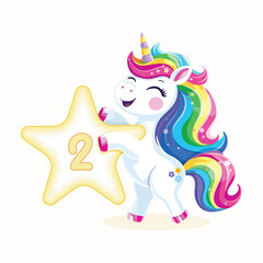 Birthday party invitation, template with cute and happy unicorn with multi-colored hair and number 2 on white background. Vector illustration in flat cartoon style