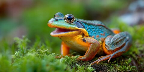 Obraz premium Vibrant Frog on Mossy Forest Floor; Nature Photography