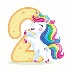 Birthday party invitation, template with cute and happy unicorn with multi-colored hair and number 2 on white background. Vector illustration in flat cartoon style