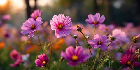 Fototapeta premium Vibrant Pink Cosmos Flowers in a Field at Sunset