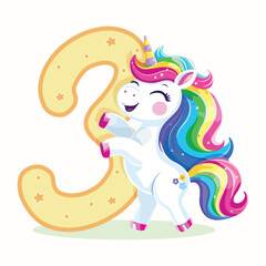 Birthday party invitation, template with cute and happy unicorn with multi-colored hair and number 3 on white background. Vector illustration in flat cartoon style