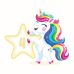 Birthday party invitation, template with cute and happy unicorn with multi-colored hair and number 4 on white background. Vector illustration in flat cartoon style