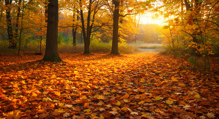Autumn Forest Path Golden Leaves  Sunrise isolated on transparent background
