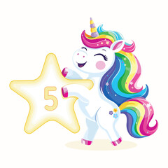 Birthday party invitation, template with cute and happy unicorn with multi-colored hair and number 5 on white background. Vector illustration in flat cartoon style
