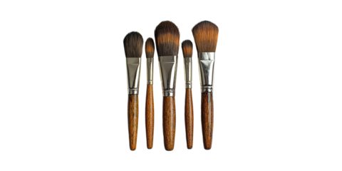 Set Of Five Professional Makeup Brushes. Essential Tools For Beauty And Cosmetic Application Isolated On Transparent Background